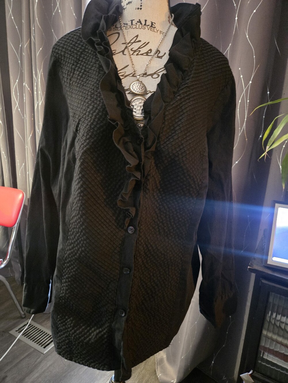 Gothic V Neck Ruffle High Collared Blouse. Button Down. Long Sleeve. - Picture 6 of 8